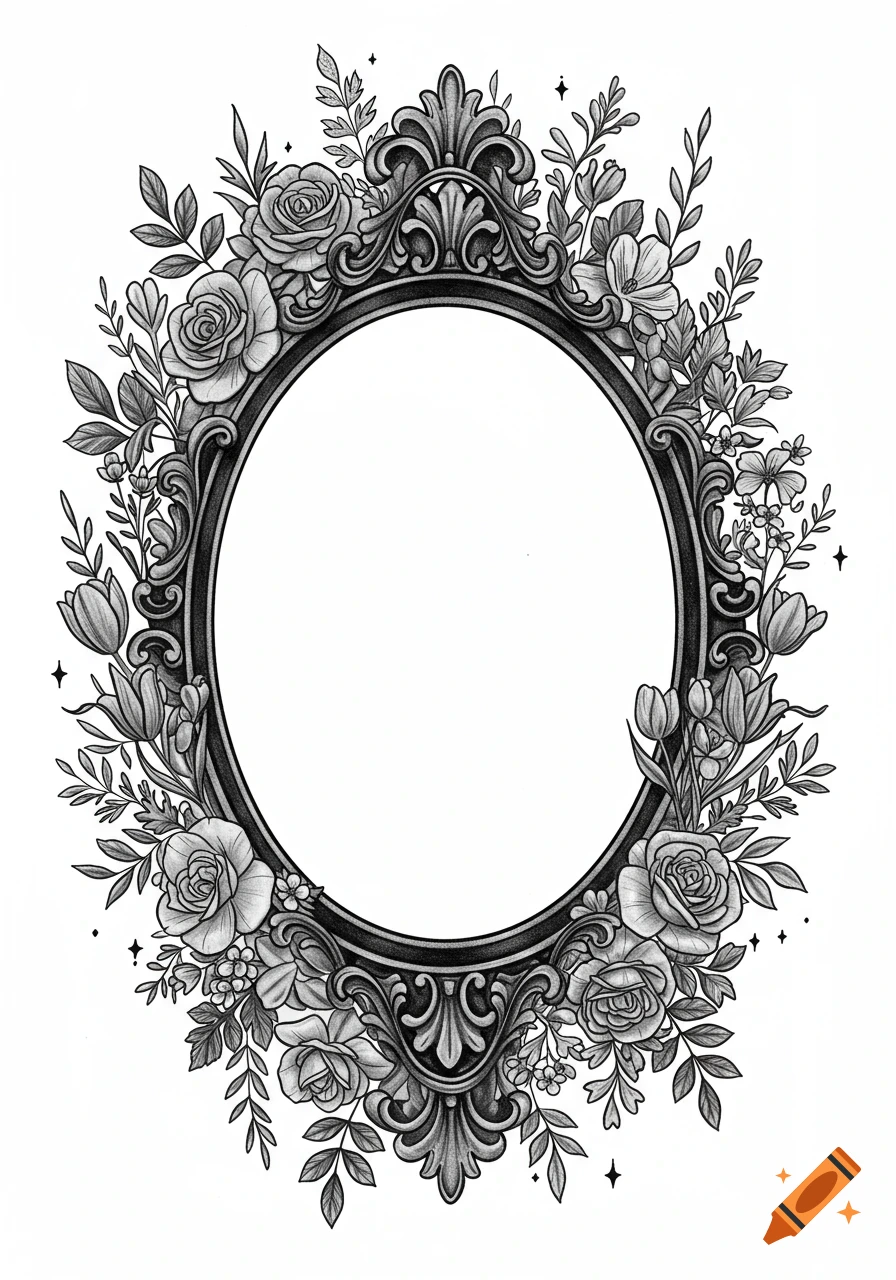 A detailed black and white illustration of an antique gothic oval frame surrounded by roses, tulips, and wildflowers.
