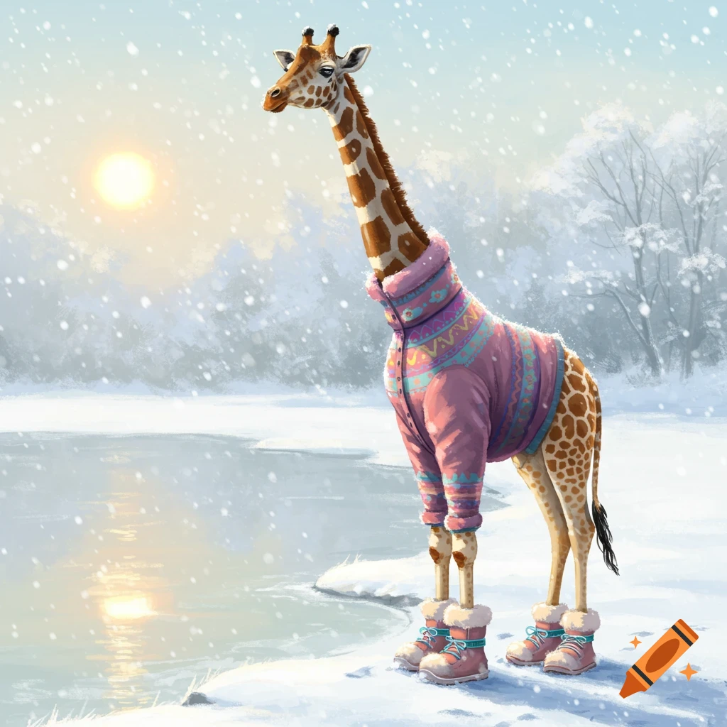 A giraffe wearing a pink patterned sweater and furry boots stands in a snowy winter landscape by a frozen lake with a bright sun.
