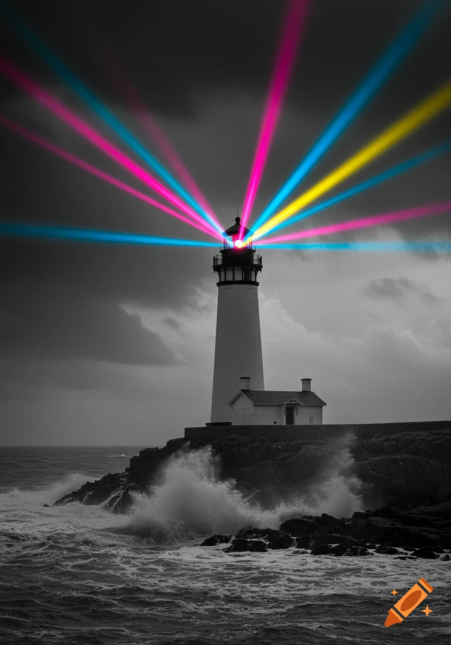 A grayscale lighthouse on a rocky coast with crashing waves under a stormy sky, emitting vibrant pink, blue, and yellow light beams.