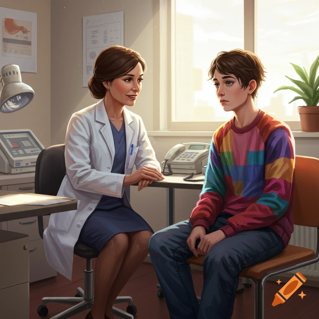 A female physician in a white coat talks to a teenager wearing a colorful sweater in a bright doctor's office.