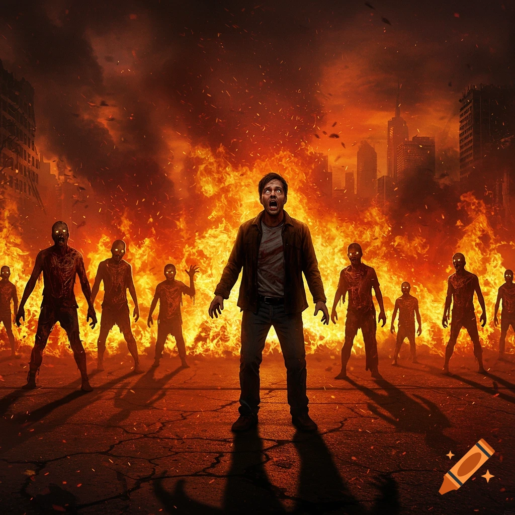 A terrified man stands among a group of zombies with glowing eyes as a city burns in a fiery apocalypse.