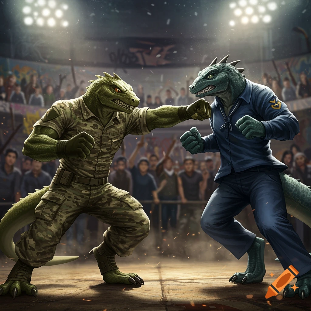 Two anthropomorphic lizards, one in army camouflage and one in a navy uniform, are boxing in a lit arena with a crowd.