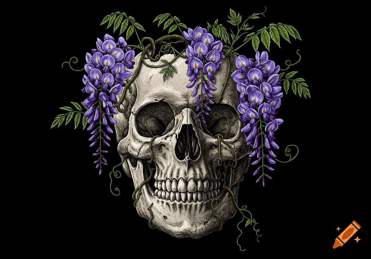 A detailed gothic illustration of a human skull entwined with purple wisteria flowers and green vines on a black background.