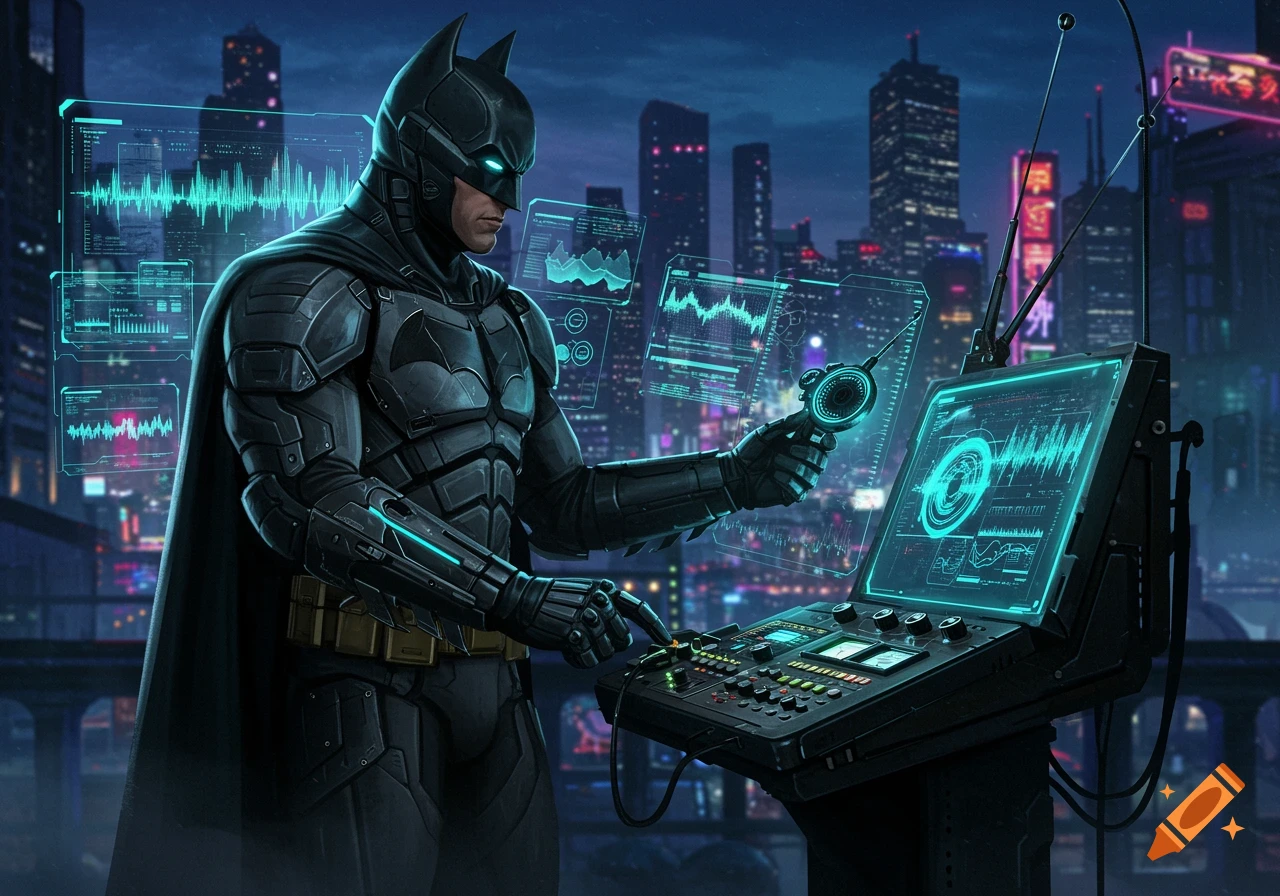 Batman in a tech suit operates a glowing futuristic radio machine with holographic screens showing data in a neon-lit city.