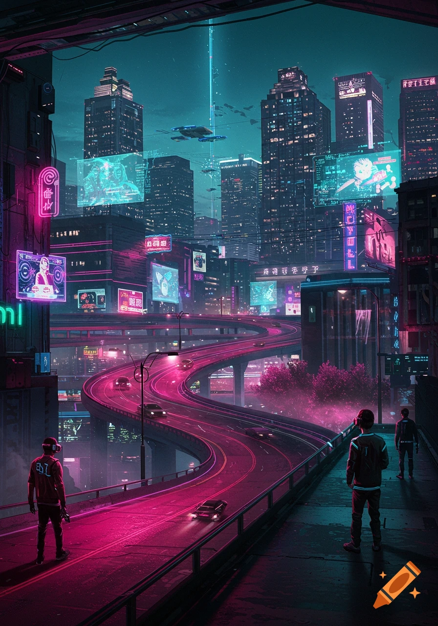 A vibrant cyberpunk cityscape at night, with towering skyscrapers, glowing neon signs, and a curving, elevated highway lit with pink and blue light. Figures stand on the sidewalk.