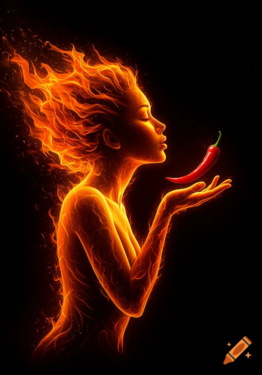 Semi-realistic fantasy art of a woman composed of vibrant flames, holding a red chili pepper against a black background.