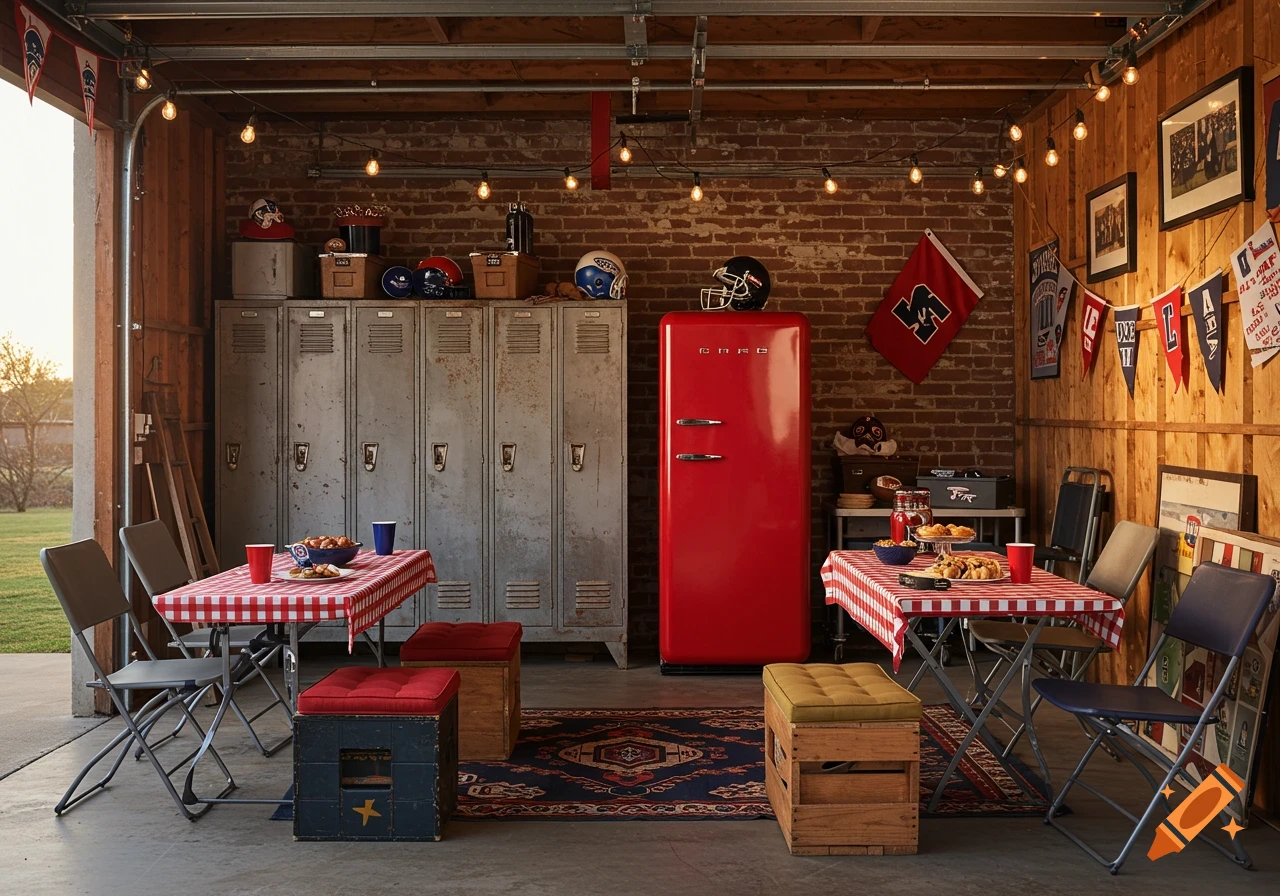 A garage decorated for a tailgate party with a red refrigerator, lockers, tables with food, and sports banners.