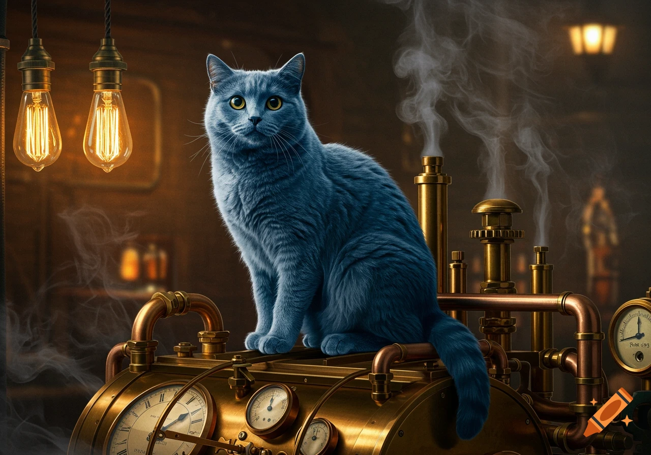 A blue cat with yellow eyes sits on ornate brass steampunk machinery with glowing light bulbs and smoke.