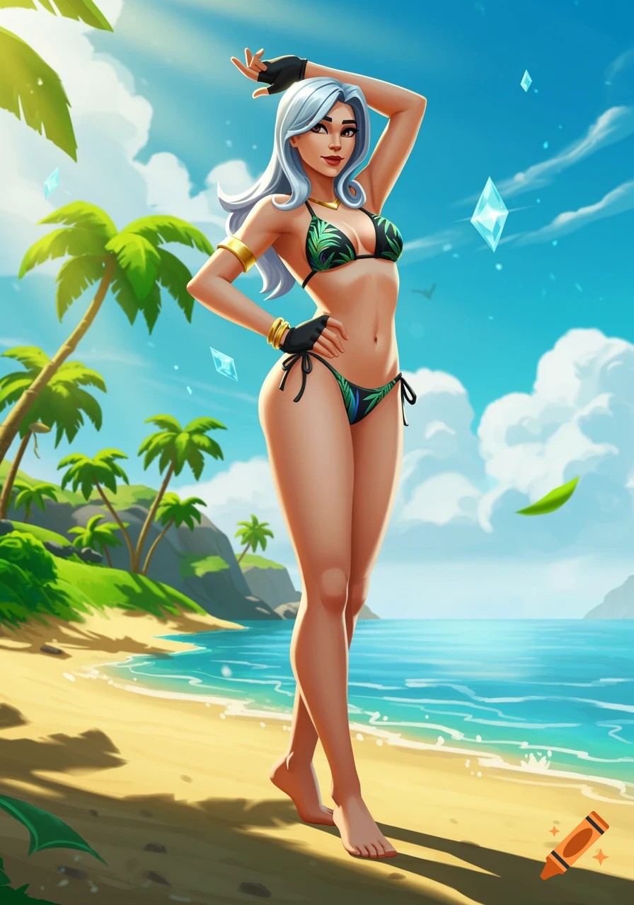 A stylized female character with white hair in a green bikini poses on a sandy beach with palm trees and blue ocean under a clear sky.