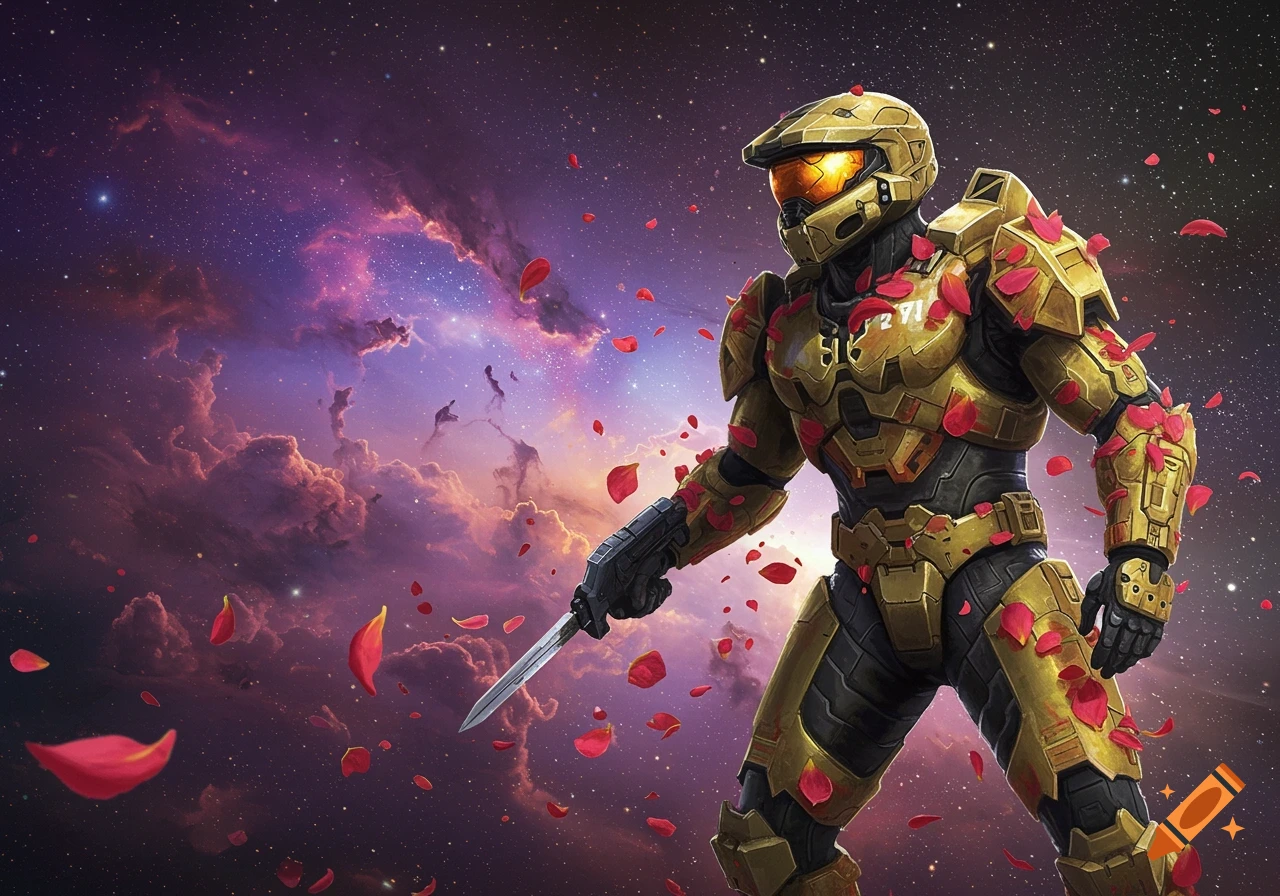 Master Chief in golden armor adorned with rose petals, holding a knife, against a vibrant nebula and starry sky.