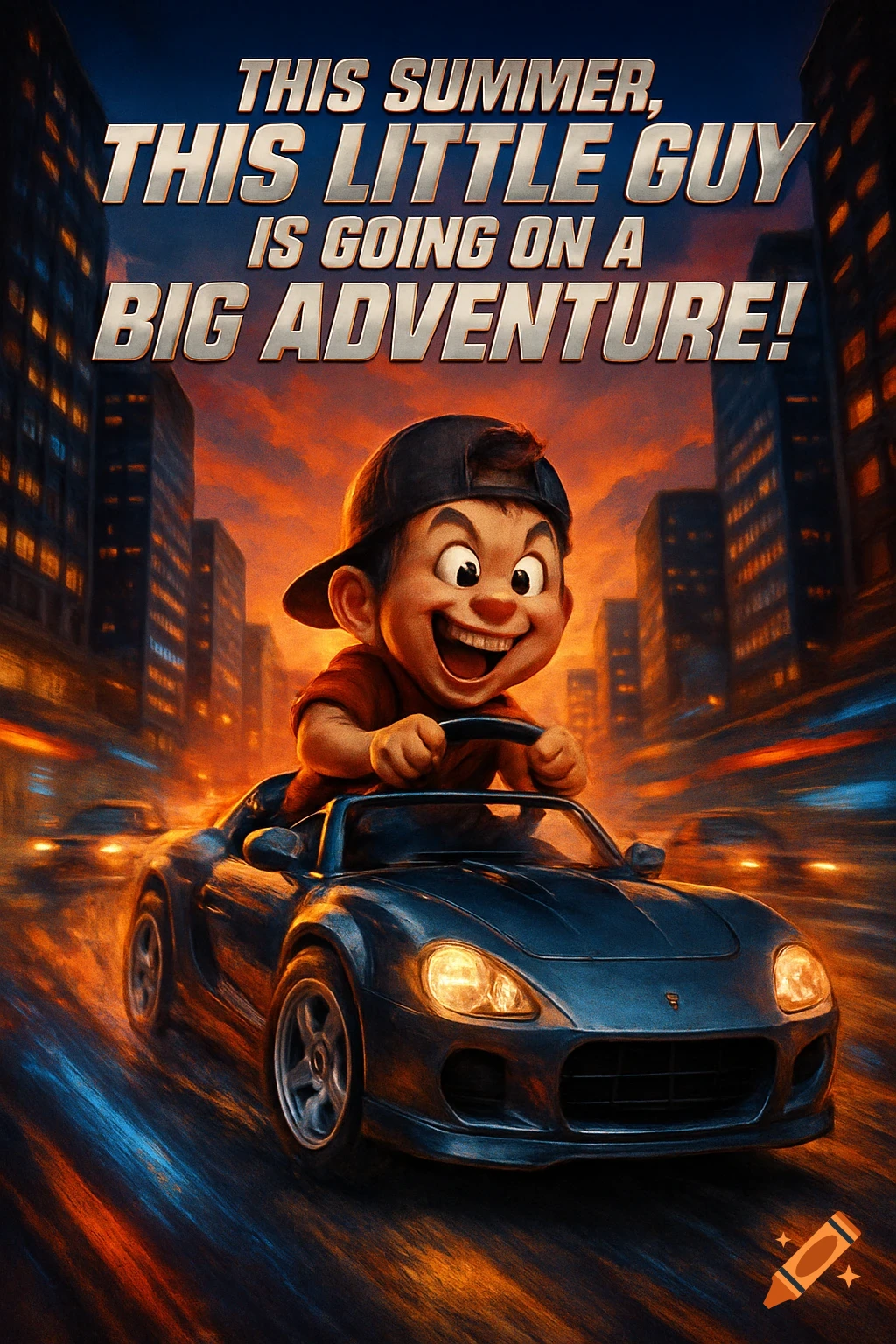 Cartoon movie poster of a smiling boy in a race car speeding through a city at sunset, with text: THIS SUMMER, THIS LITTLE GUY IS GOING ON A BIG ADVENTURE!