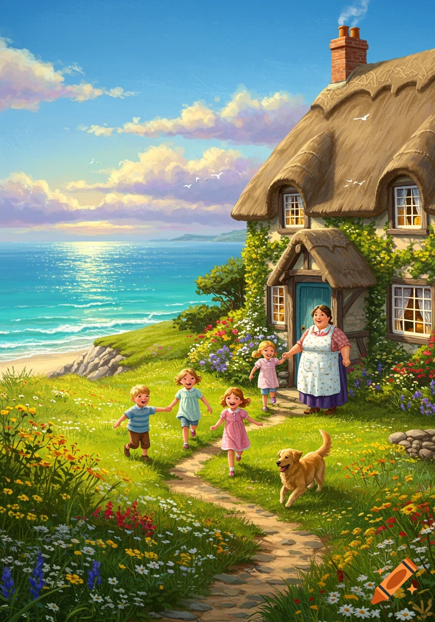 A vibrant painted illustration of children and a dog on a path near a thatched cottage by a bright blue sea.