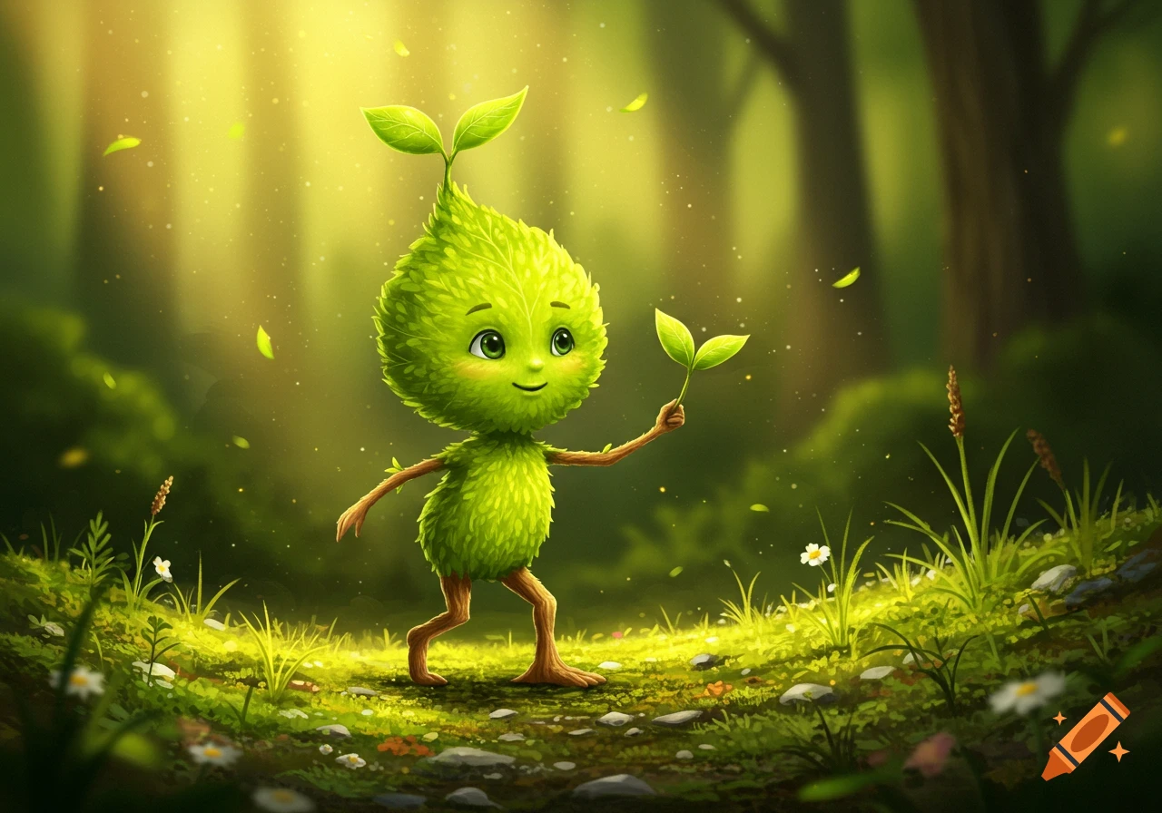 A cute, smiling green plant creature with big eyes and a leaf on its head walks through a sunlit forest, holding a leaf.