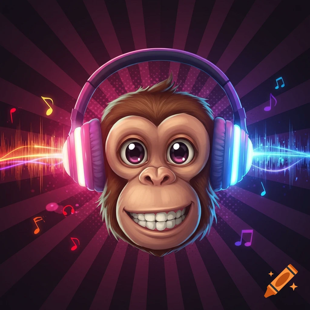 A smiling cartoon monkey head wearing purple headphones, with colorful sound waves radiating from the sides and musical notes floating around.