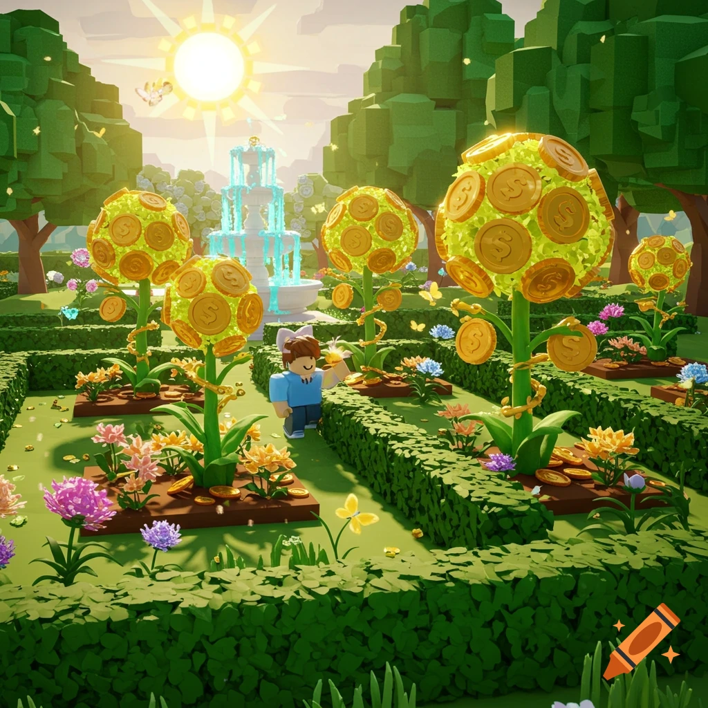 A blocky Roblox-style character tends to a lush garden filled with money trees, colorful flowers, and a grand fountain under a bright sun.