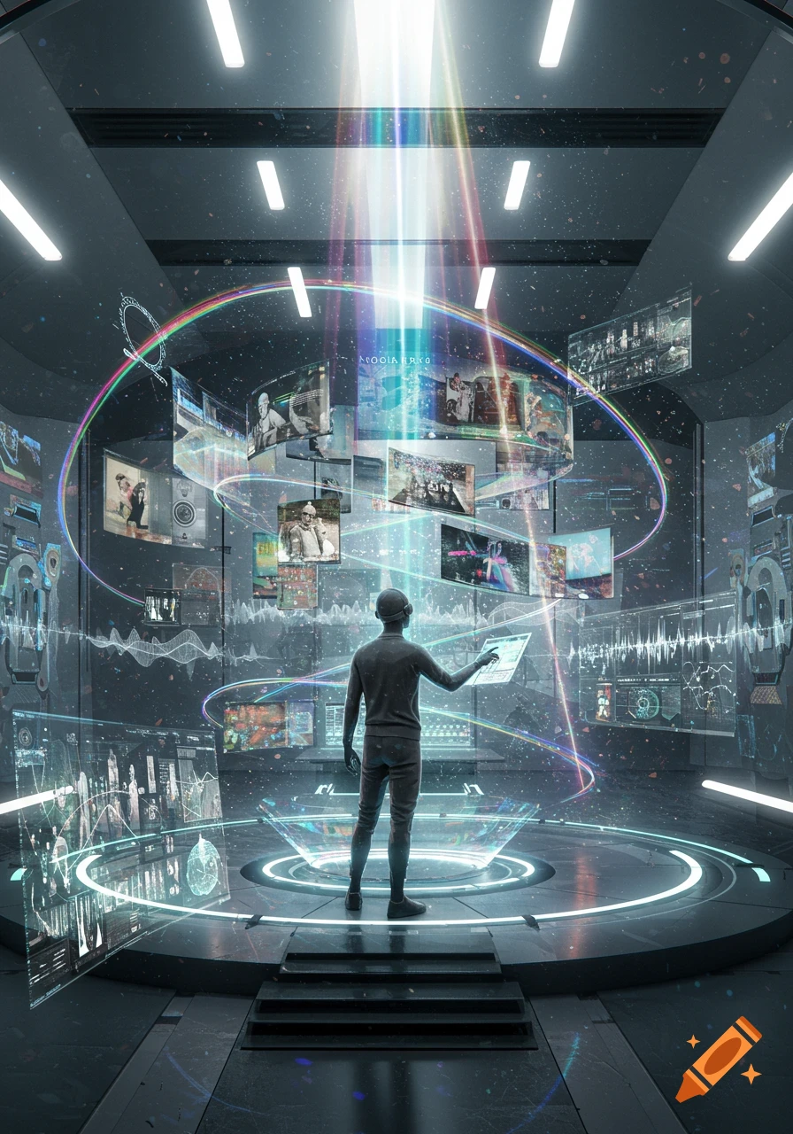 A person interacts with glowing digital screens and projections in a futuristic, dark room filled with light rays and tech.