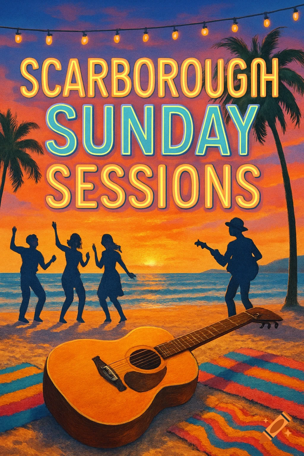 Colorful poster of a beach concert at sunset with people dancing, a guitarist, a guitar in the foreground, and 'SCARBOROUGH SUNDAY SESSIONS' text.