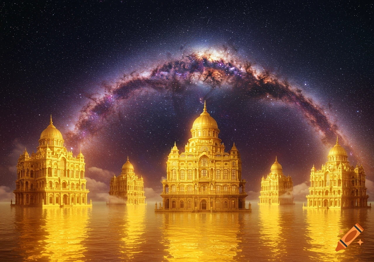 Golden palaces rise from a golden reflective sea under a starry night sky with the Milky Way galaxy arching above.