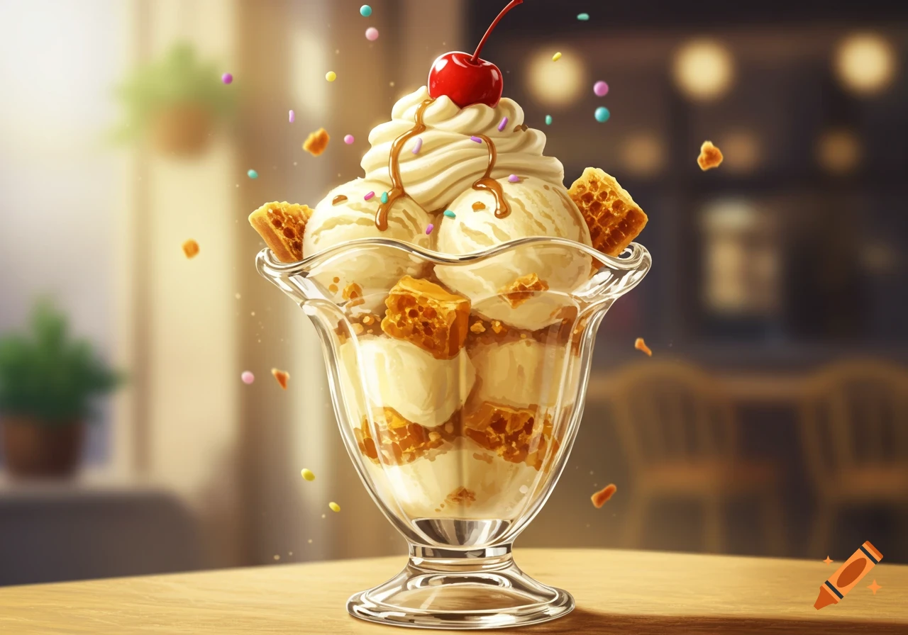 Photorealistic ice cream sundae with whipped cream, cherry, honeycomb, caramel, and sprinkles in a glass on a wooden table.