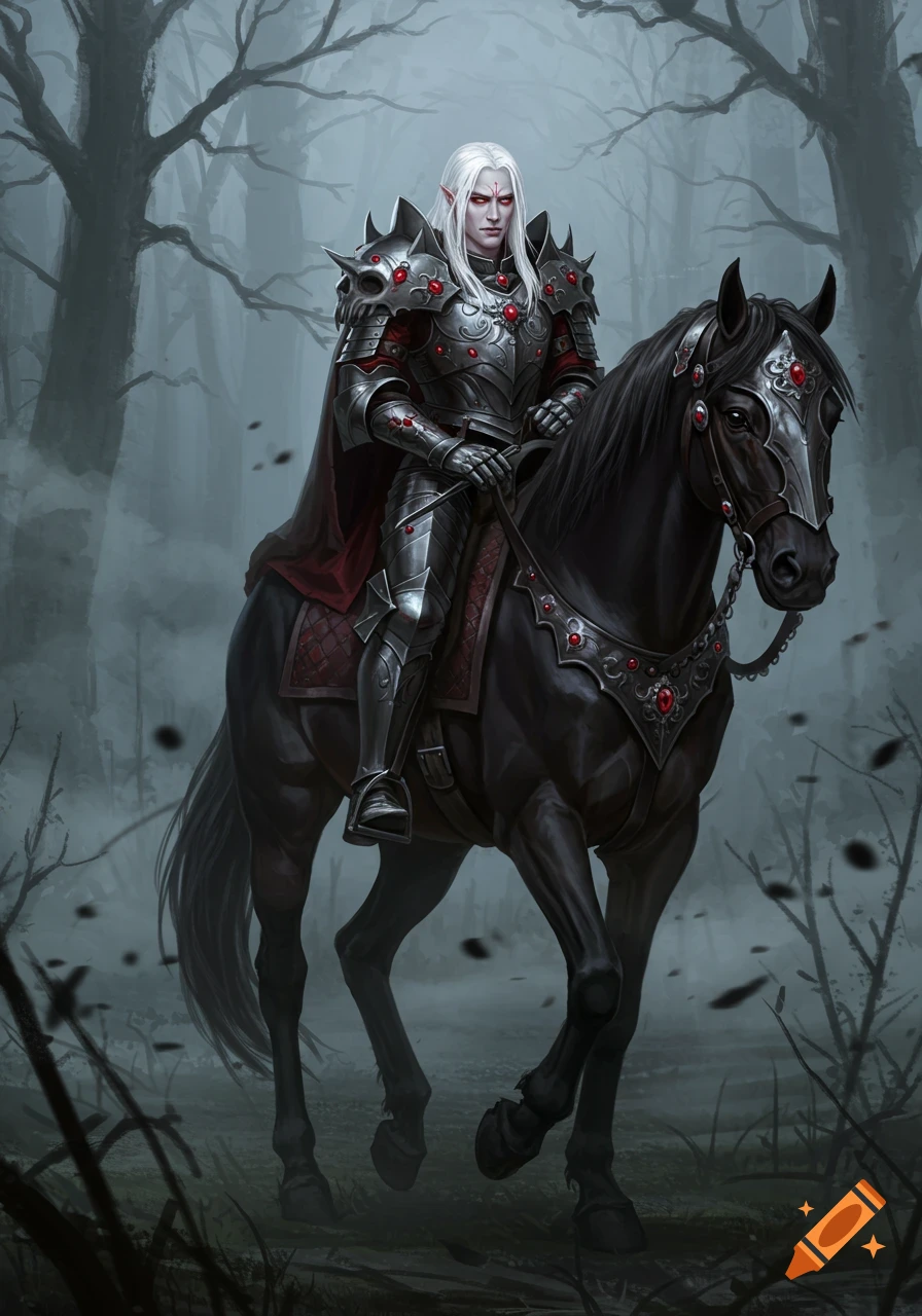 A white-haired elf or vampire in ornate black and silver armor with red accents rides a black horse through a misty, dark forest.