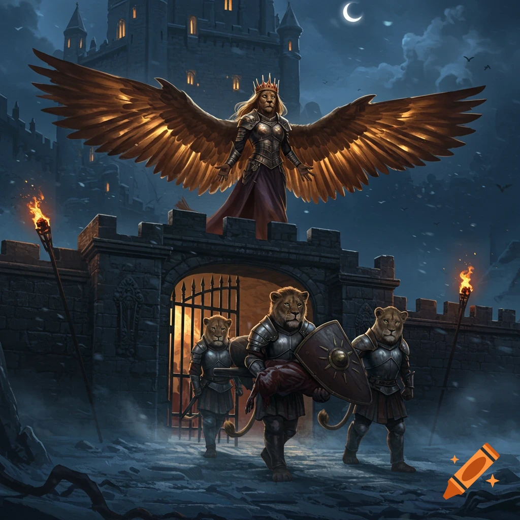 A winged lioness queen stands on a dark castle rampart as lion soldiers carry a fallen comrade through the gates at night, fantasy art.