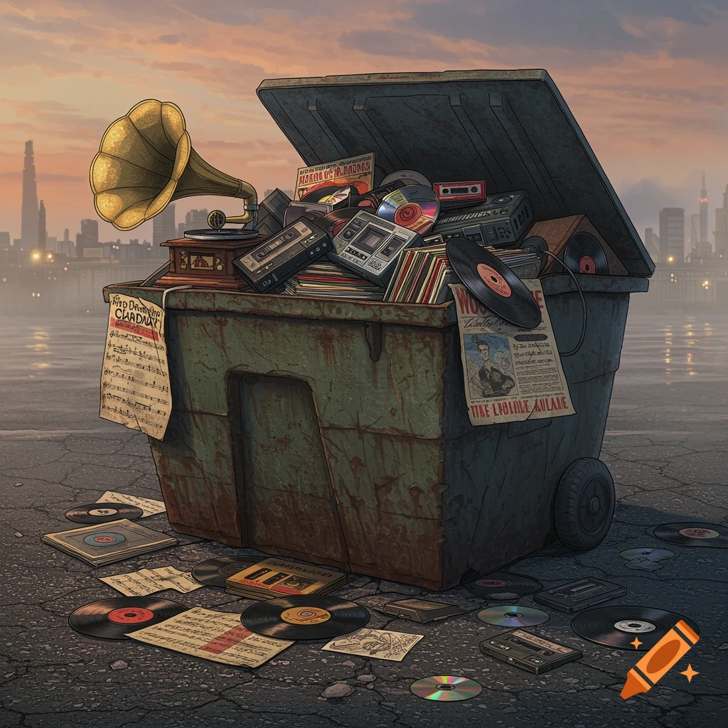 A heavily rusted green waste dumpster overflowing with vintage music media including vinyl records, cassette tapes, CDs, a gramophone, and various old players, set against a city skyline at dusk.