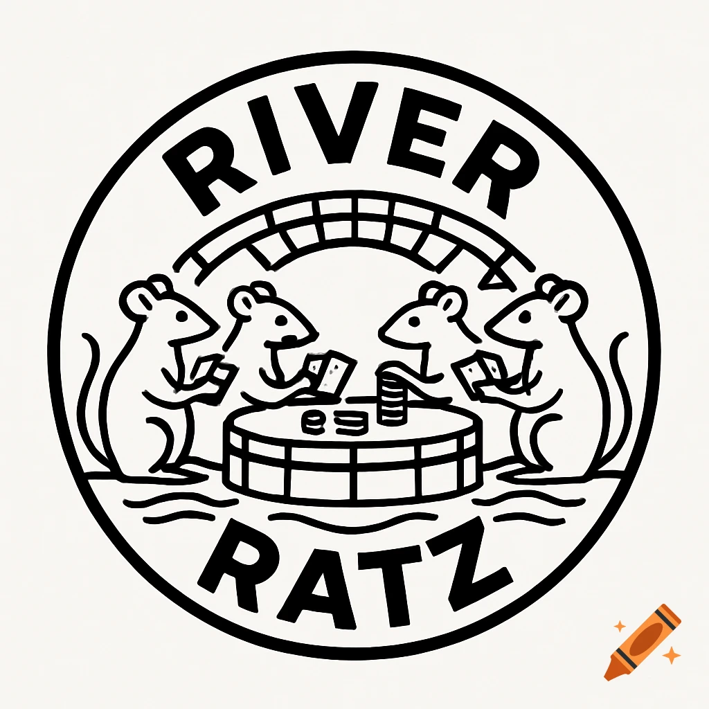A black and white circular logo with "RIVER" at the top and "RATZ" at the bottom. Inside, four cartoon rats play poker at a barrel table under a stone bridge.