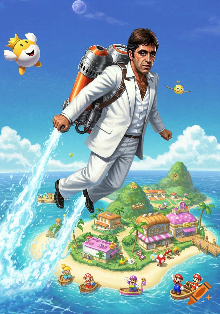Tony Montana, in a white suit, flies with a FLUDD jetpack over Isle Delfino, with Mario characters in boats below. Stylized cartoon art.
