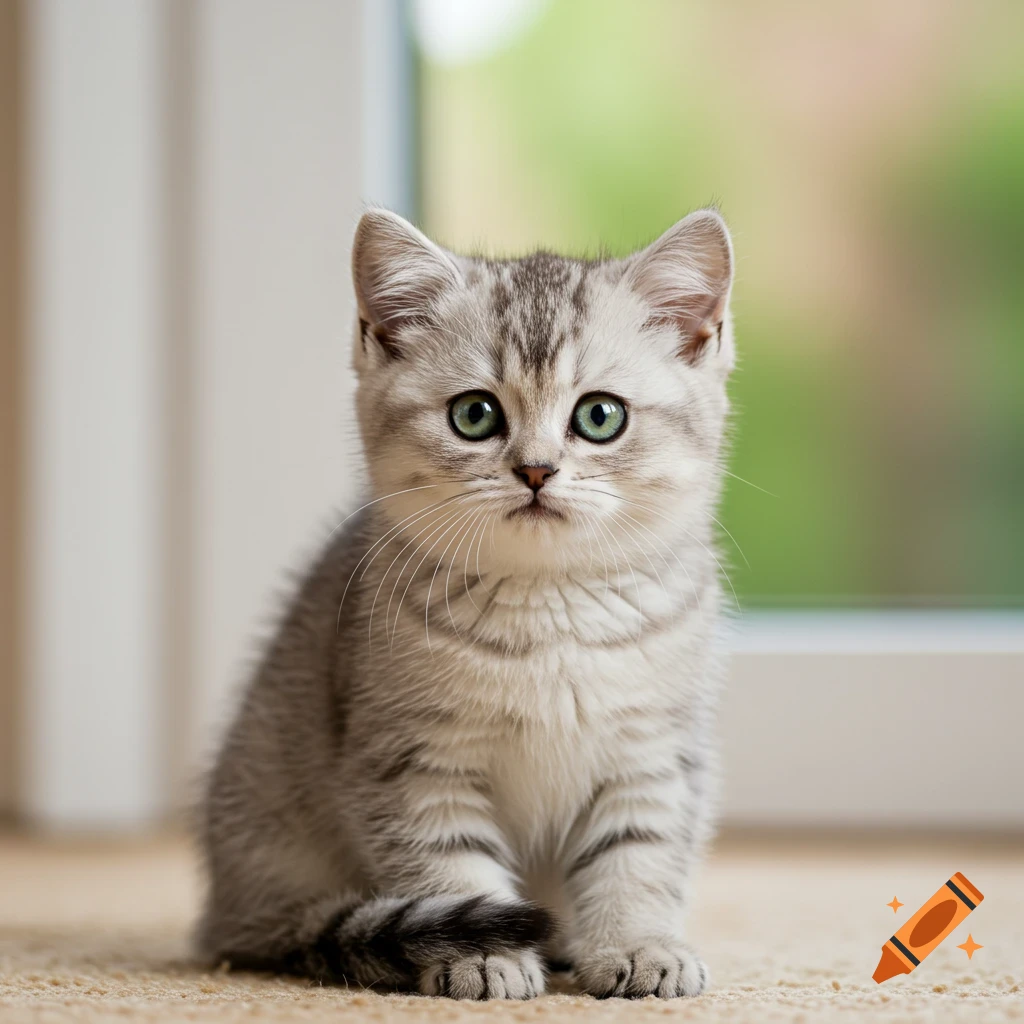A photorealistic silver tabby kitten with striking green eyes sits on a light-colored rug, looking directly ahead.