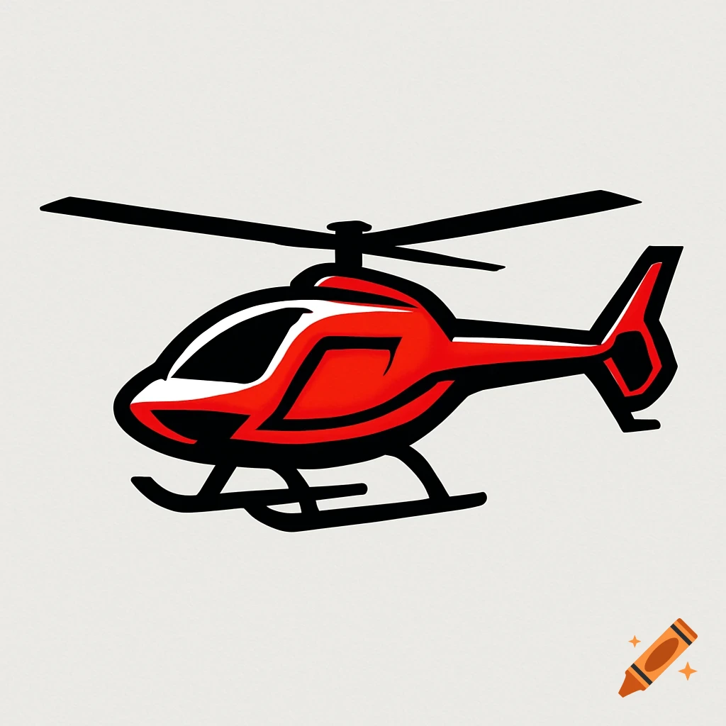 A stylized red and black helicopter logo with bold outlines on a light background.