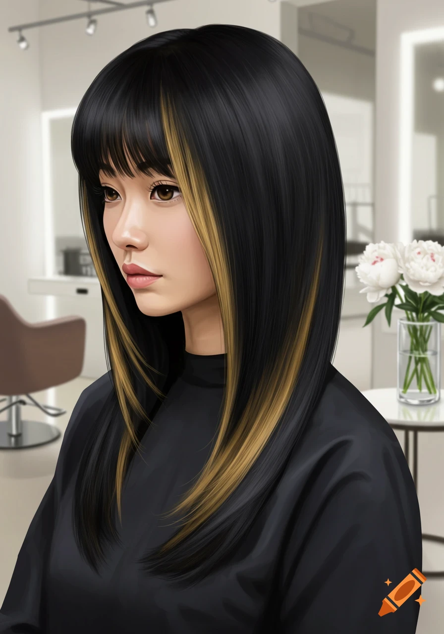 A digital illustration of a woman with long black hair, blonde money piece highlights, and curtain bangs, wearing a black salon cape.