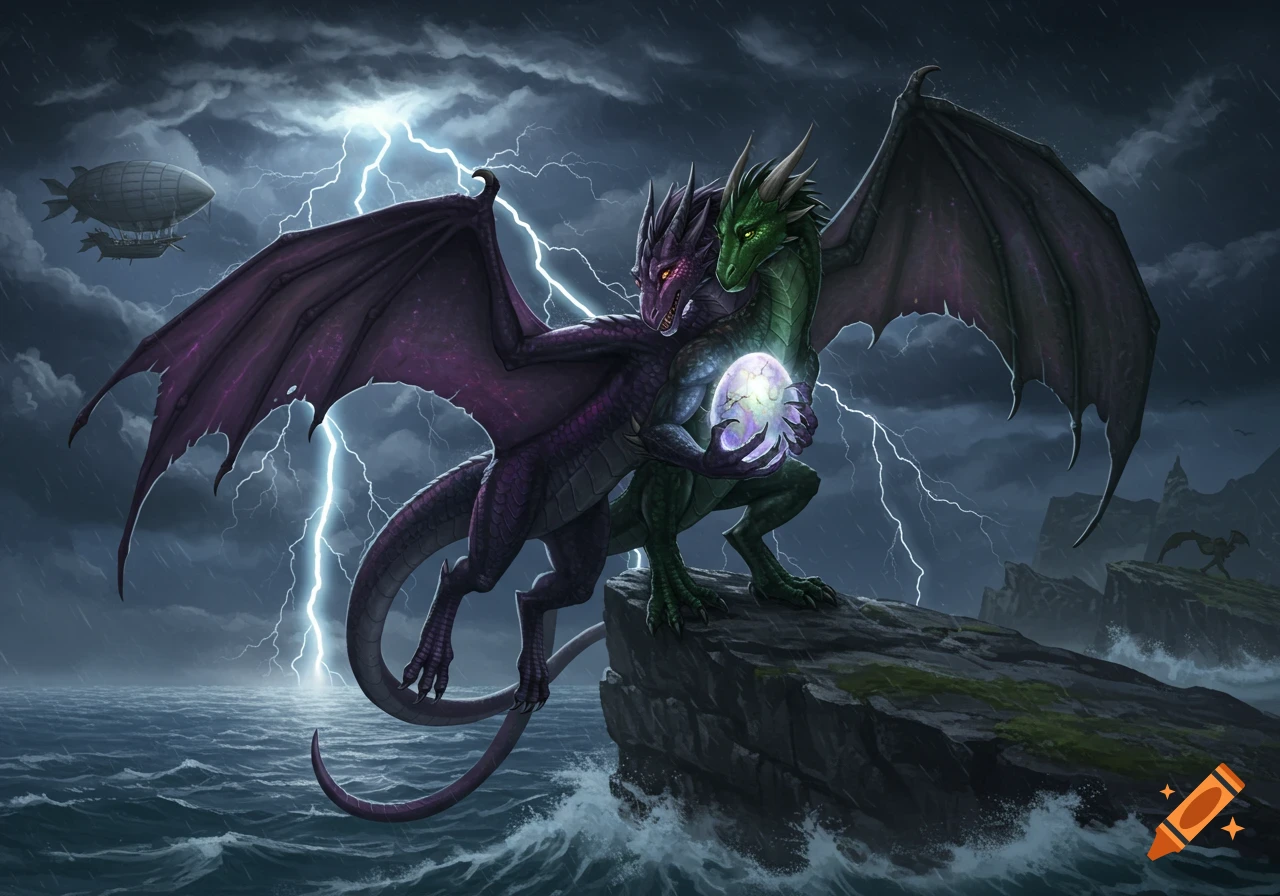 A purple and green dragon embrace on a stormy cliff, holding a glowing egg, with lightning and an airship.