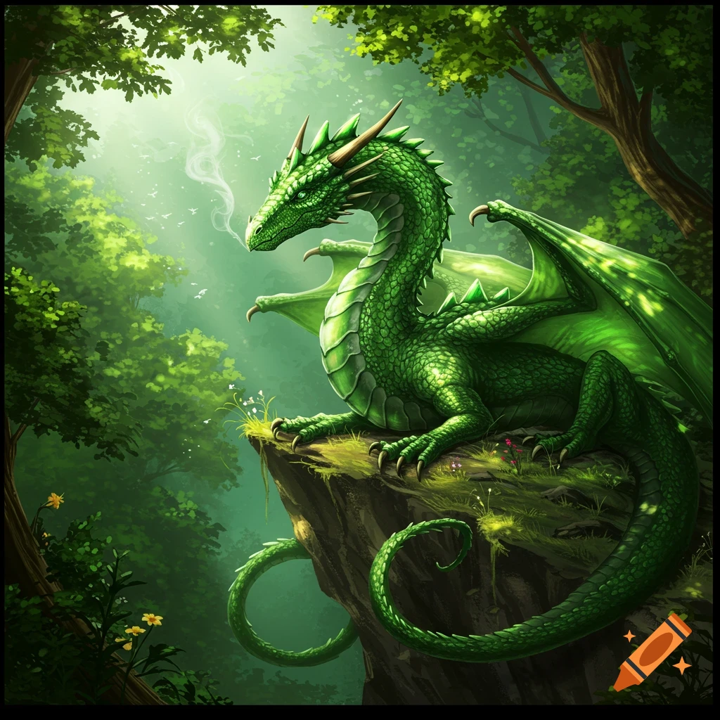 A vibrant green dragon with wings sits on a mossy cliff overlooking a lush, sunlit forest.