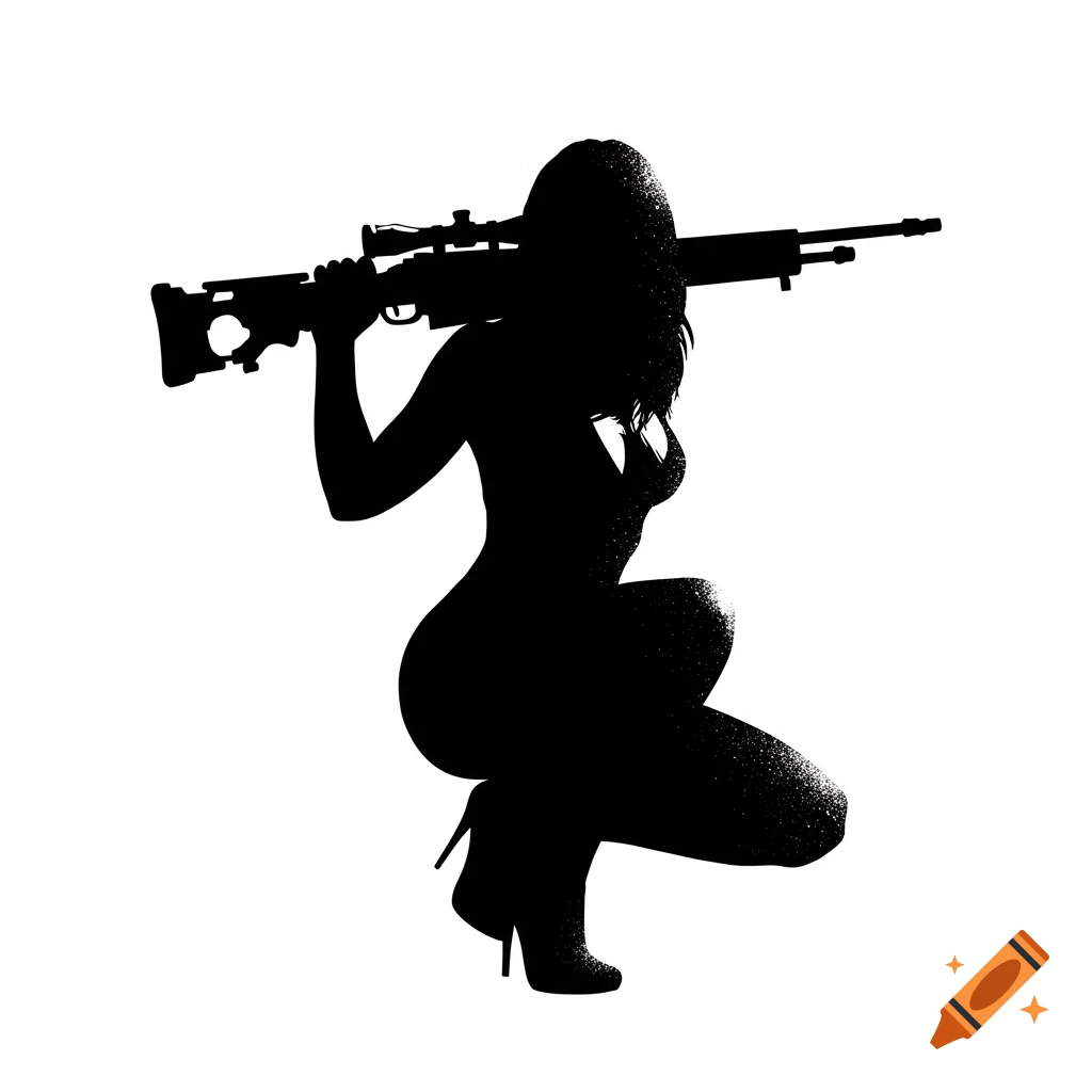 A black and white silhouette of a woman crouching with a sniper rifle on her shoulder, in a grunge stencil art style.