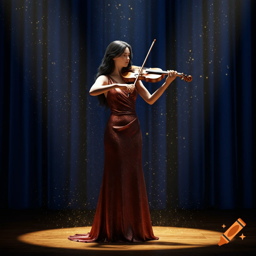 A woman in a red gown plays a violin on a stage under a spotlight with blue curtains.