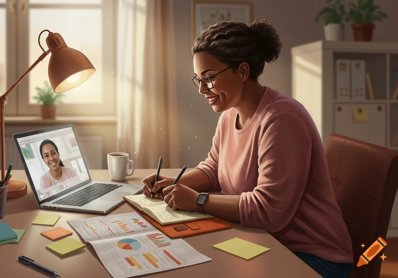 A happy woman in glasses takes notes at a desk while on a video call on her laptop in a warm, sunlit room.