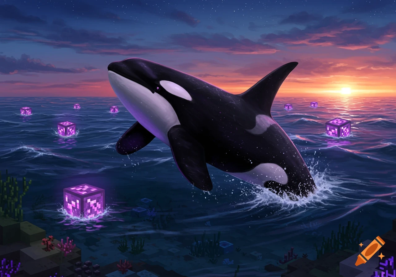 An orca leaps from deep blue water at sunset, surrounded by glowing purple Minecraft-style cubes. Pixelated coral is visible below.