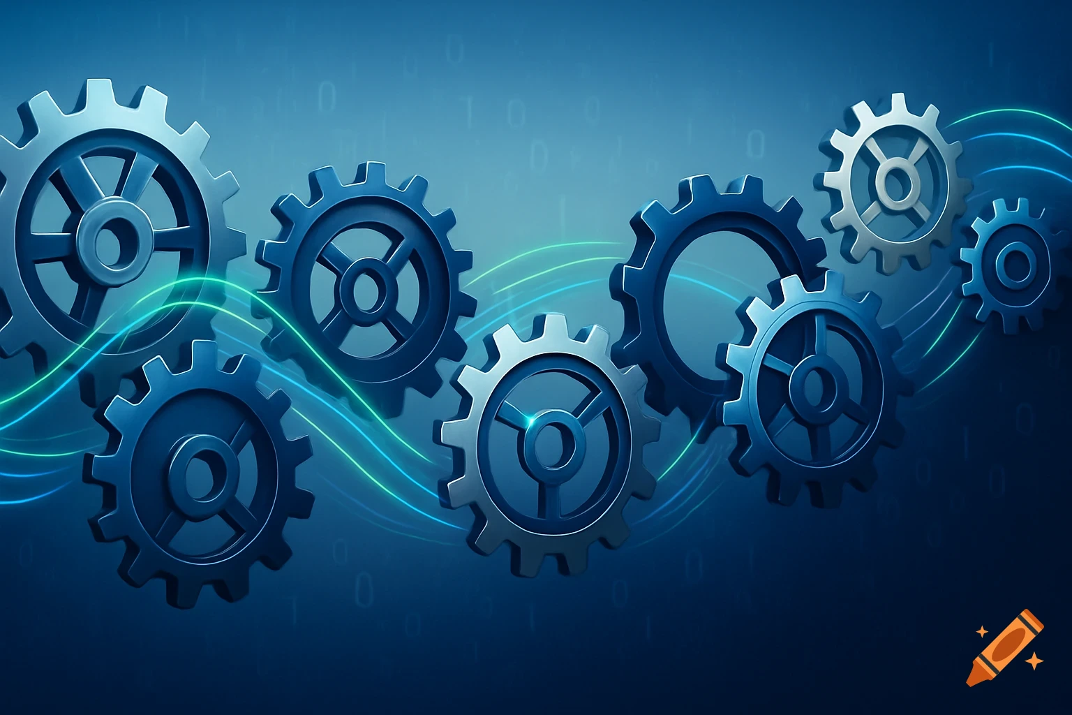 A group of silver and blue gears interlinked with glowing green and blue lines on an abstract blue digital background.