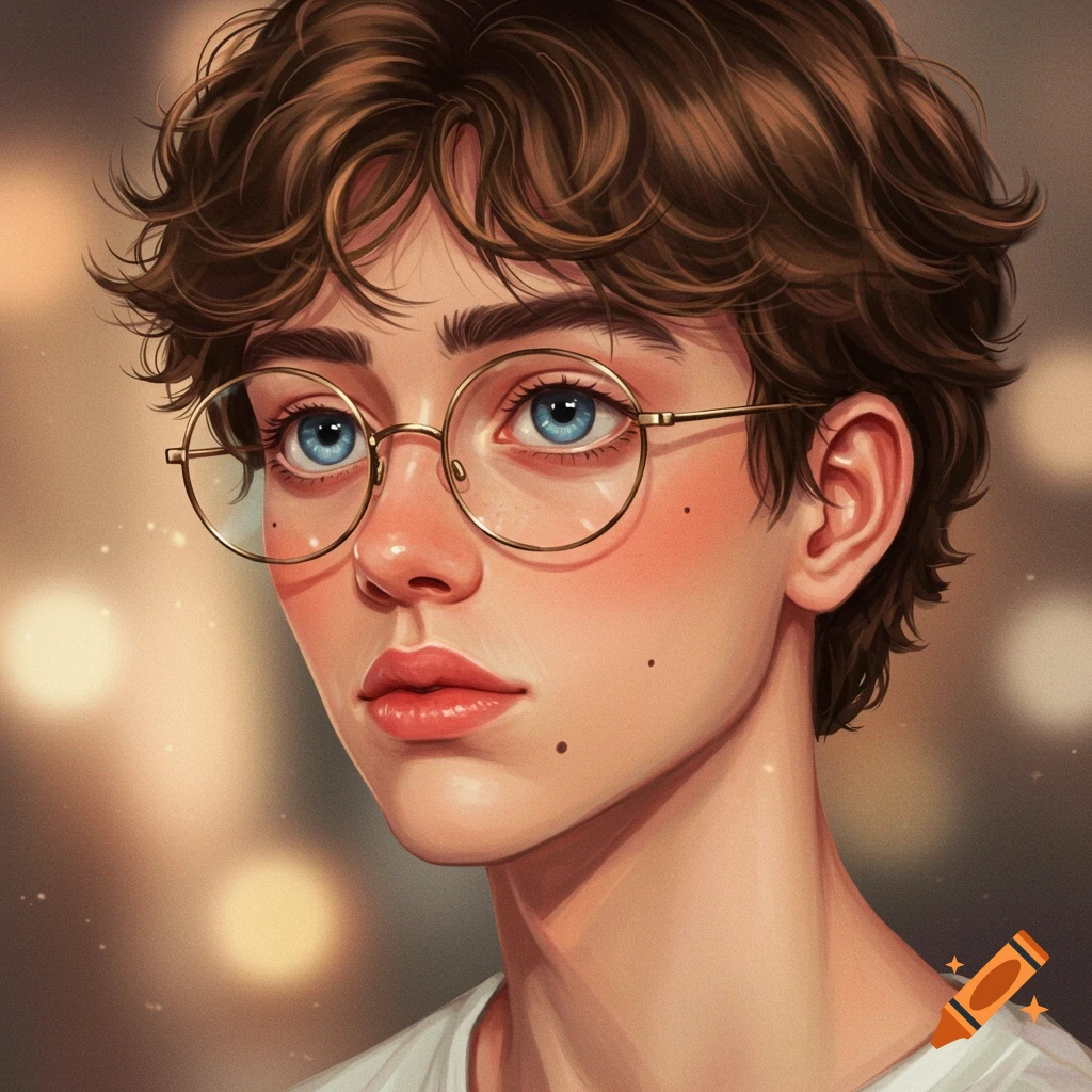Digital illustration of a young person with curly brown hair, blue eyes, round glasses, and full lips.