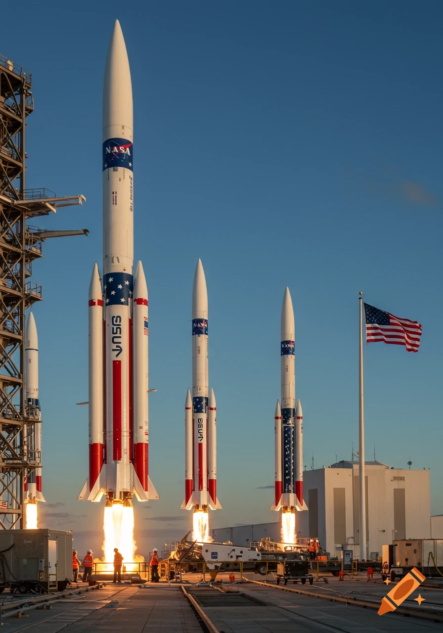 Photorealistic image of multiple rockets launching, adorned with red, white, and blue, under a clear sky with a large American flag.
