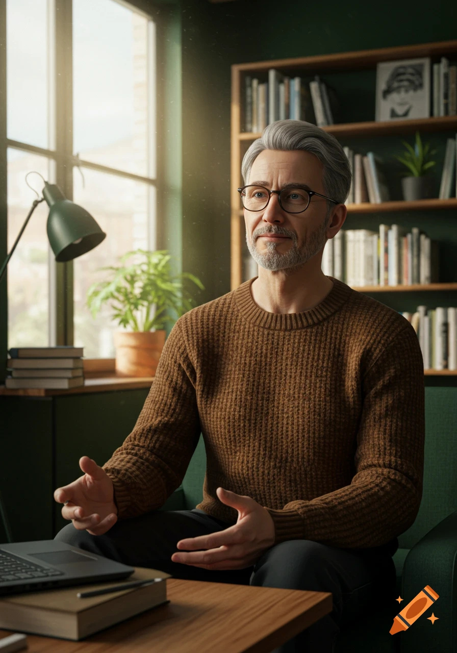 A professional-looking man with gray hair and glasses sits in a cozy study with a bookshelf and a window, gesturing.