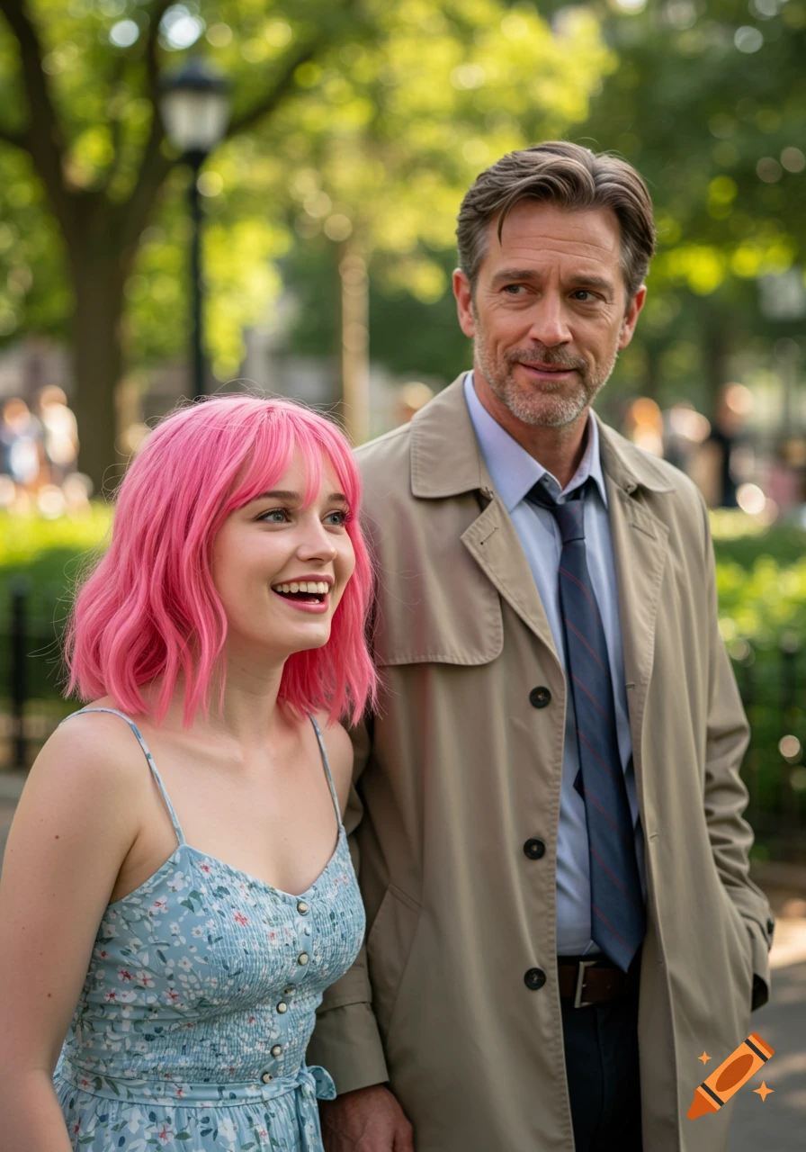 A smiling young woman with bright pink hair in a light blue floral dress stands next to a man in a trench coat and tie in a park.