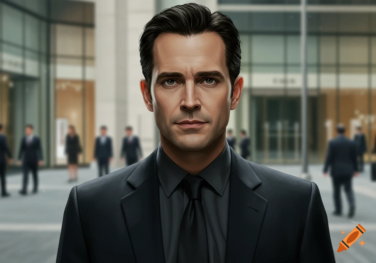 Photorealistic portrait of a serious-looking man in a dark suit and tie standing outside a modern building.