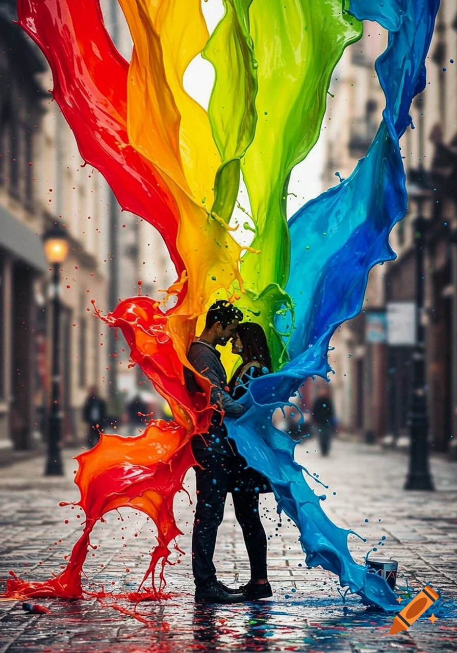 A couple embraces on a cobbled street, engulfed by vibrant, rainbow-colored paint splashes.