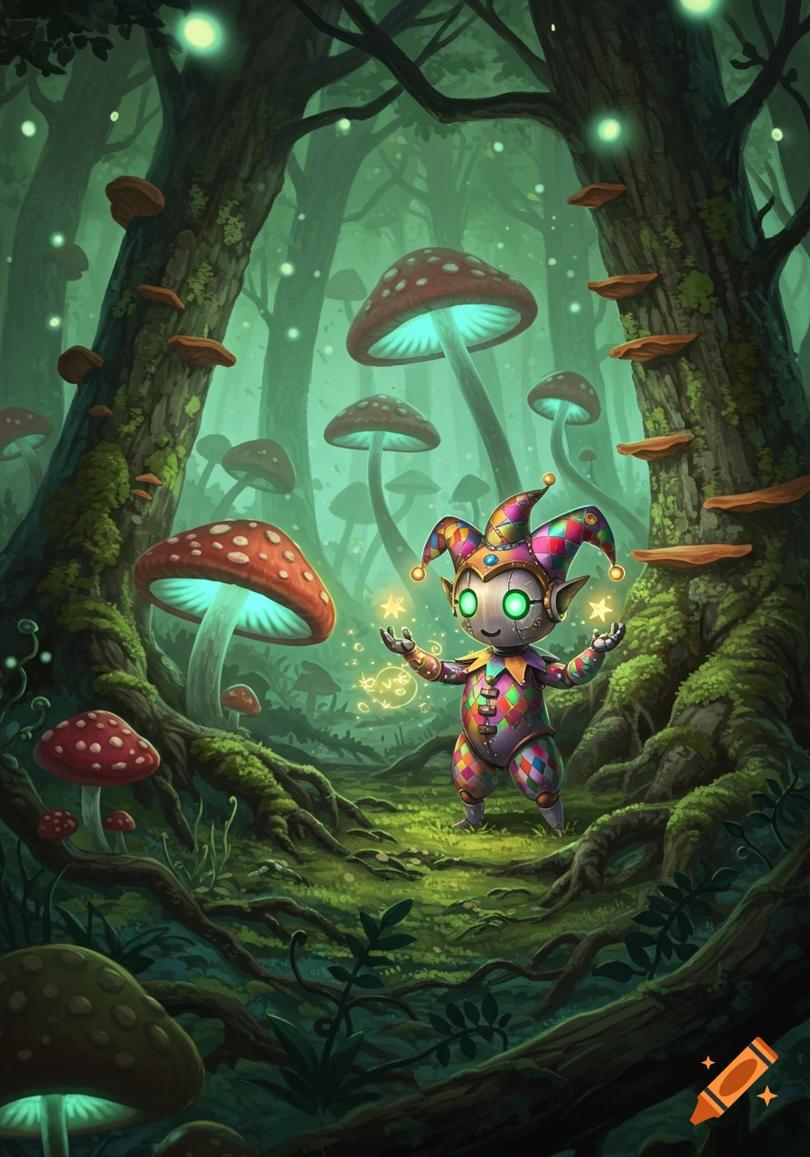 A colorful robotic harlequin-like creature creating magic in a fantastical, bioluminescent forest with large mushrooms and twisted trees.