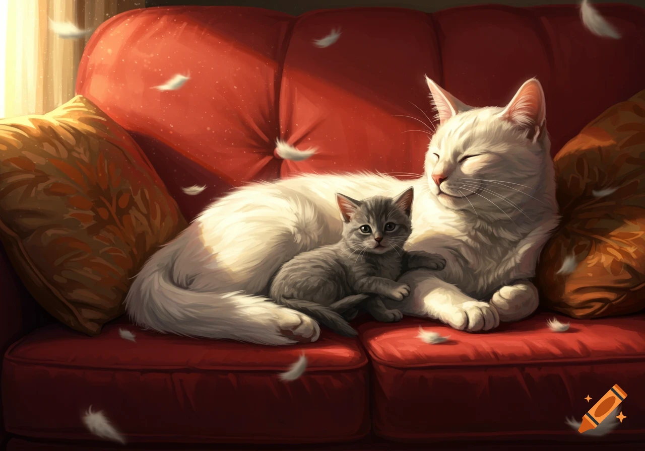 A white cat and a grey kitten resting on a red sofa, with feathers floating around, bathed in warm sunlight.