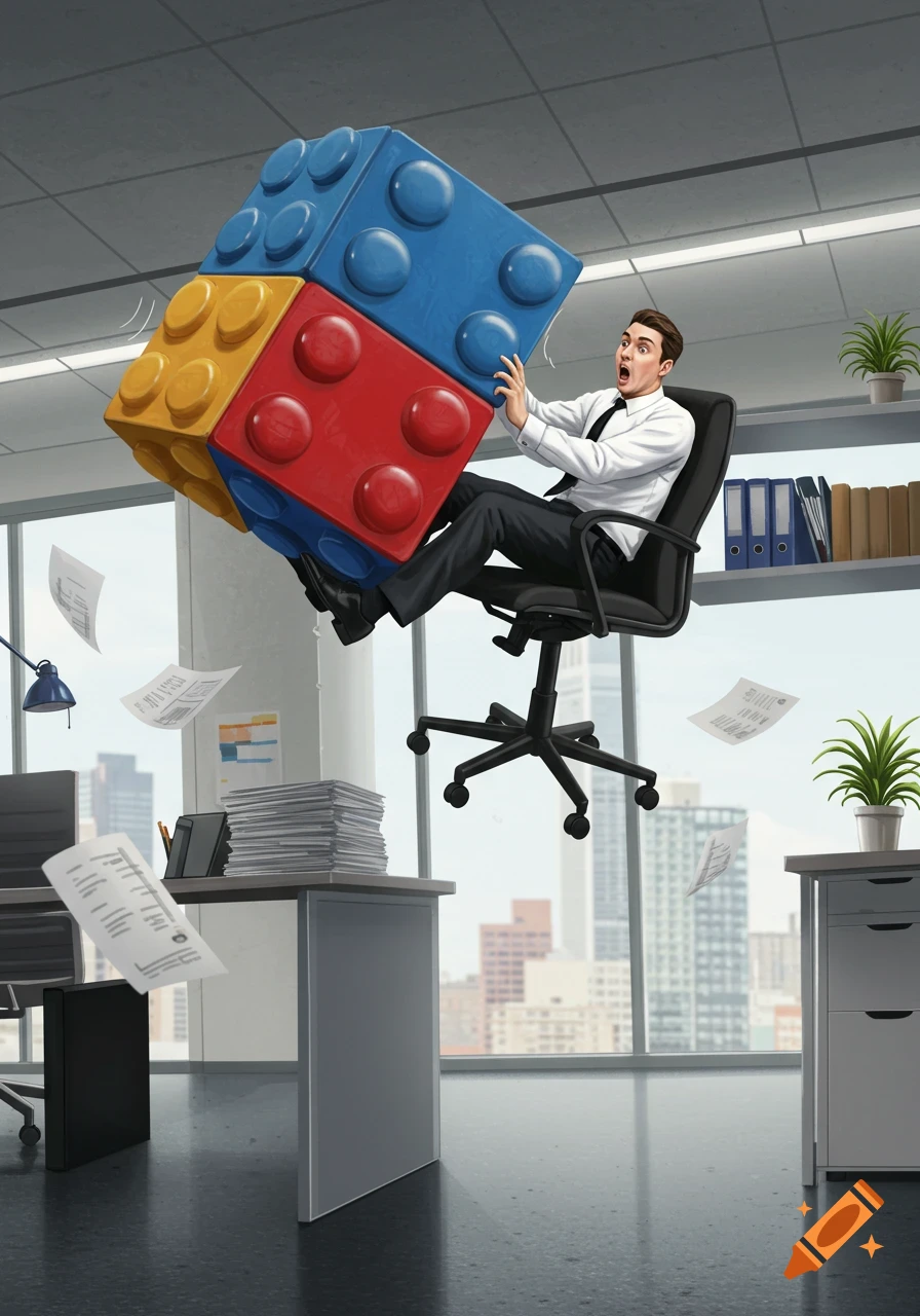 A surprised office worker in a rolling chair is airborne, pushed by a massive red, blue, and yellow toy block in a modern office.
