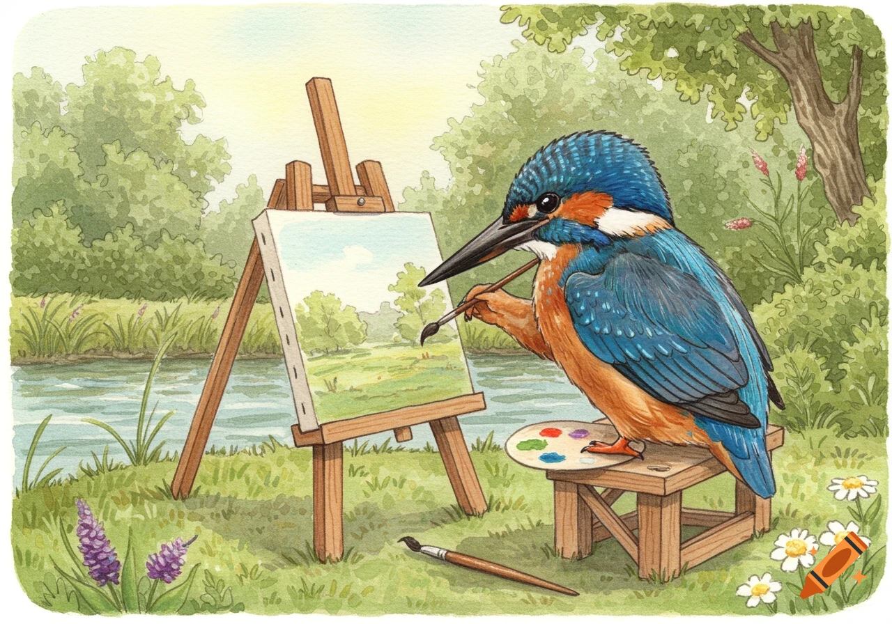A kingfisher bird sitting on a stool and painting a landscape on an easel by a river, in a watercolor illustration style.