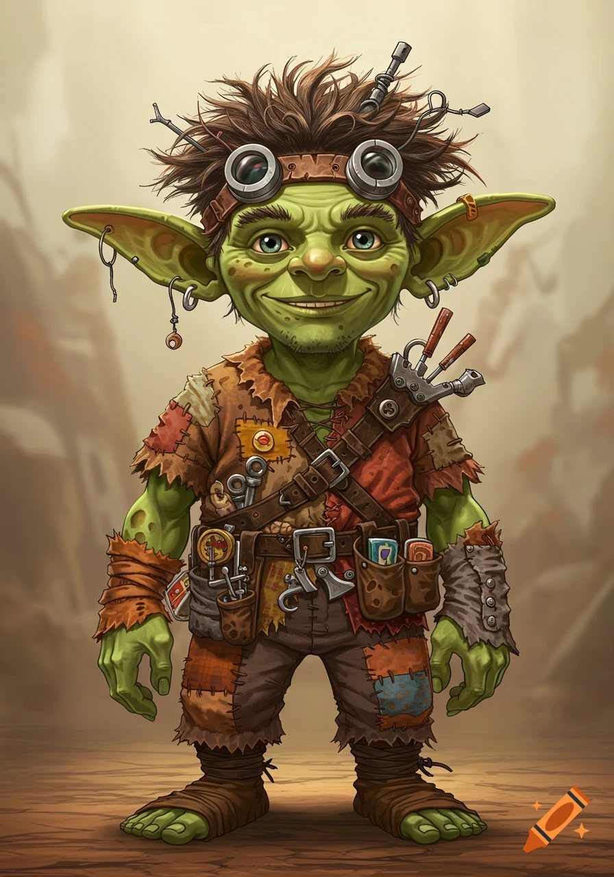 A smiling green goblin with pointy ears, goggles, messy hair, patched clothes, and tools, in an anime art style.