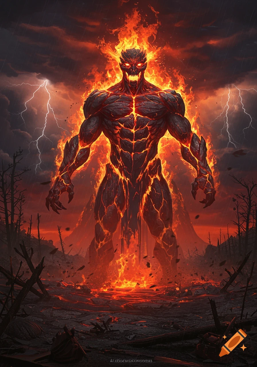 A large, muscular demon creature made of glowing lava and cracked earth stands in a barren, fiery landscape under a stormy sky with lightning. It has sharp teeth and glowing red eyes in a dark fantasy art style.